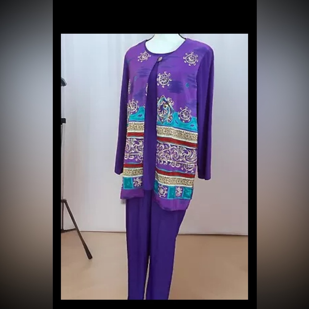 Vintage Maggie Sweet Women's Small 2 Piece Blouse & Pants Pockets Elastic Waist